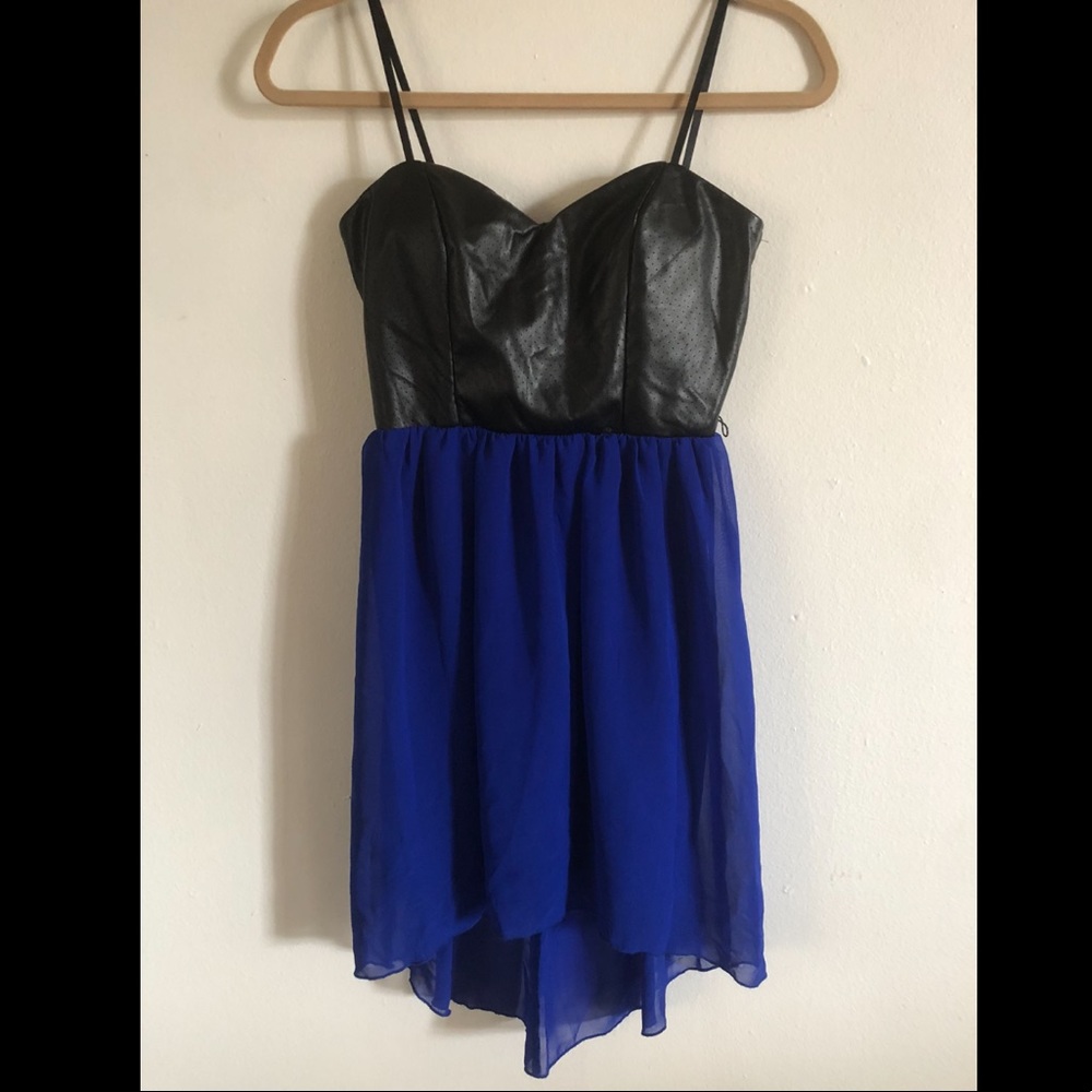 Black faux leather & royal blue dress